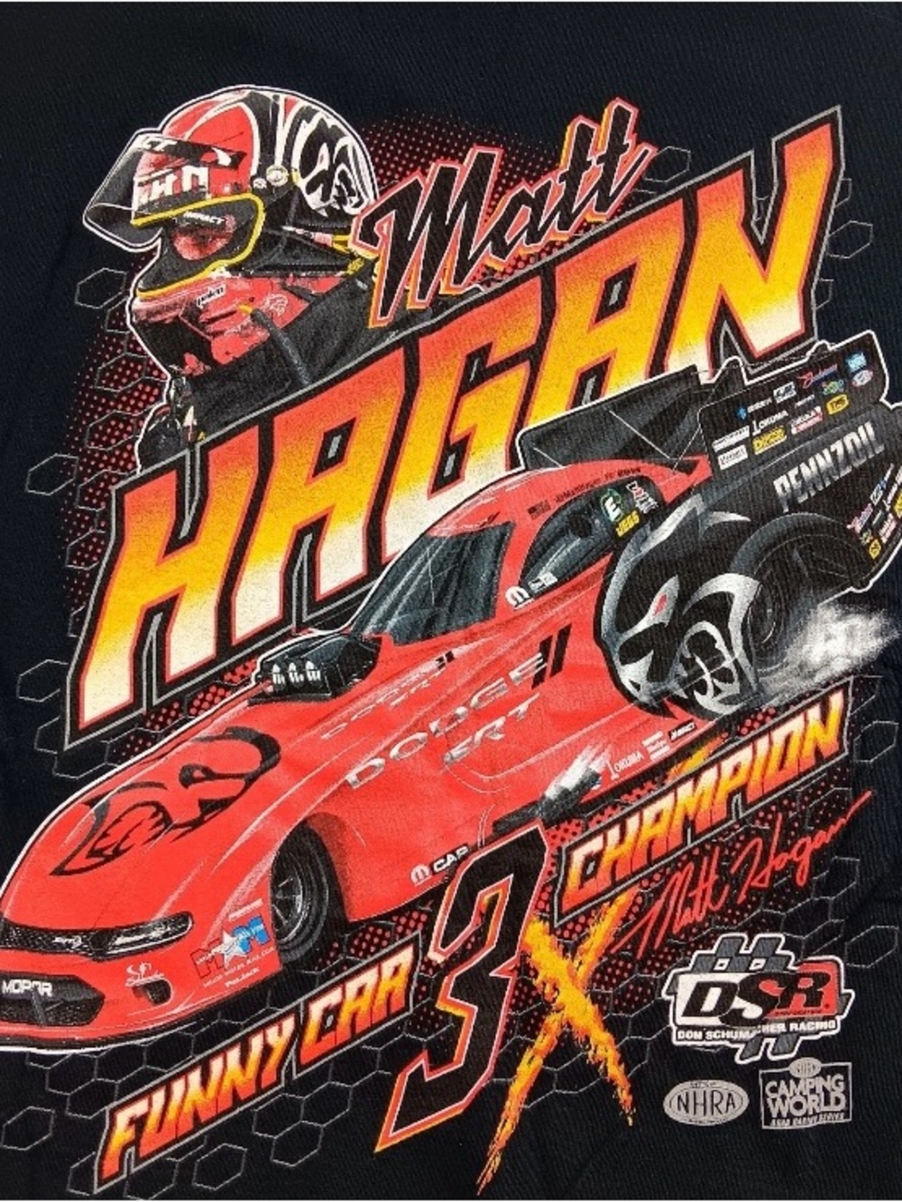 NWT Funny Car NHRA Drag Racing Black T Shirt Mens M Matt Hagan 3X World Champ